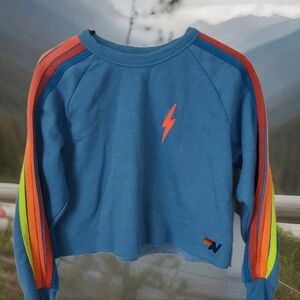 Aviator Nation CROPPED CREW SWEATSHIRT - OCEAN // NEON STRIPES Size Medium